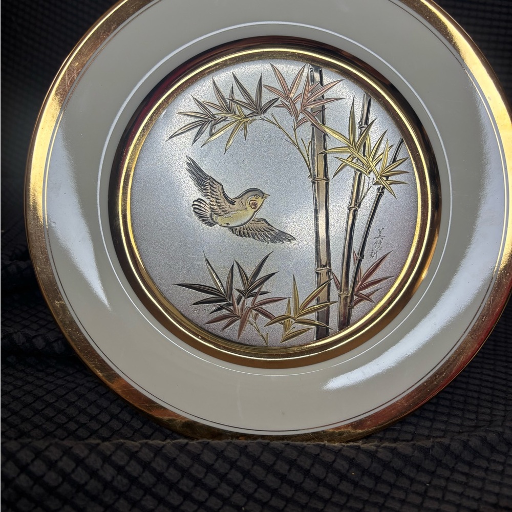 Vintage Art of Chokin 24k Gold Bird Glass Plate 1983